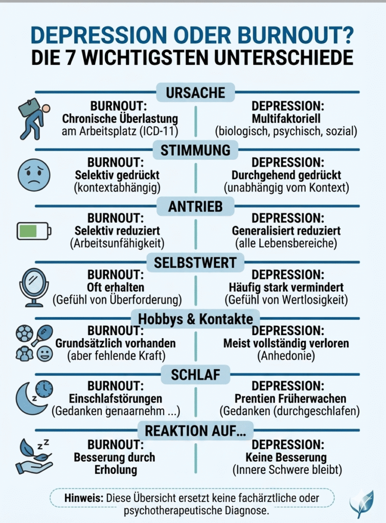 Infographic: The 7 most important differences between depression and burnout at a glance