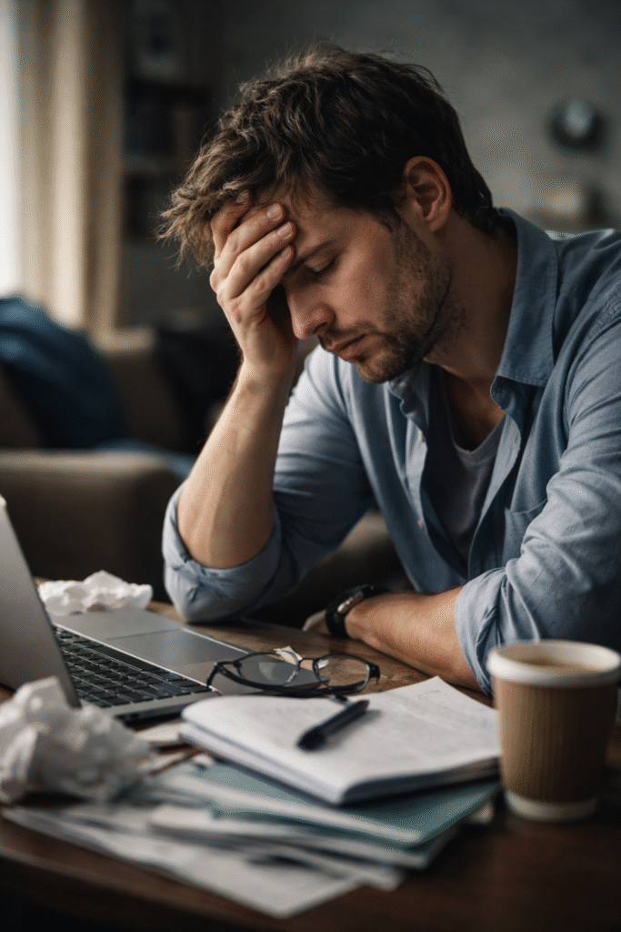Exhausted man with burnout or depression at the workplace