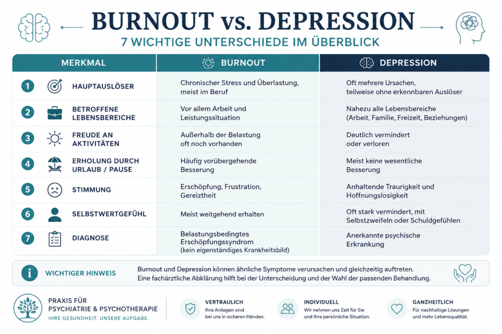 Burnout oder Depression? unterschied burnout depression tabelle - Professionelle Infografik mit den 7 wichtigsten Unterschieden. Vergleich von Symptomen, Ursachen, Erschöpfung, Selbstwertgefühl, Erholung und Diagnose. Hilfreiche Übersicht zur Orientierung bei psychischen Belastungen und depressiven Beschwerden.