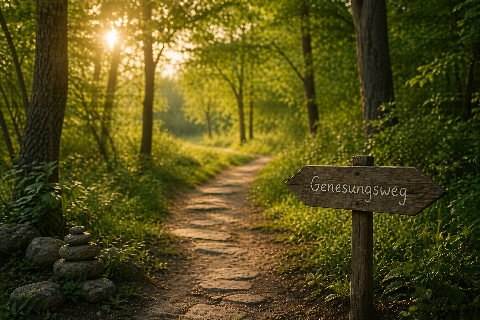 Ein friedlicher Waldweg in der Sonne als Symbol für den Genesungsweg bei Panikstörung und Phobien Therapie in Hannover.