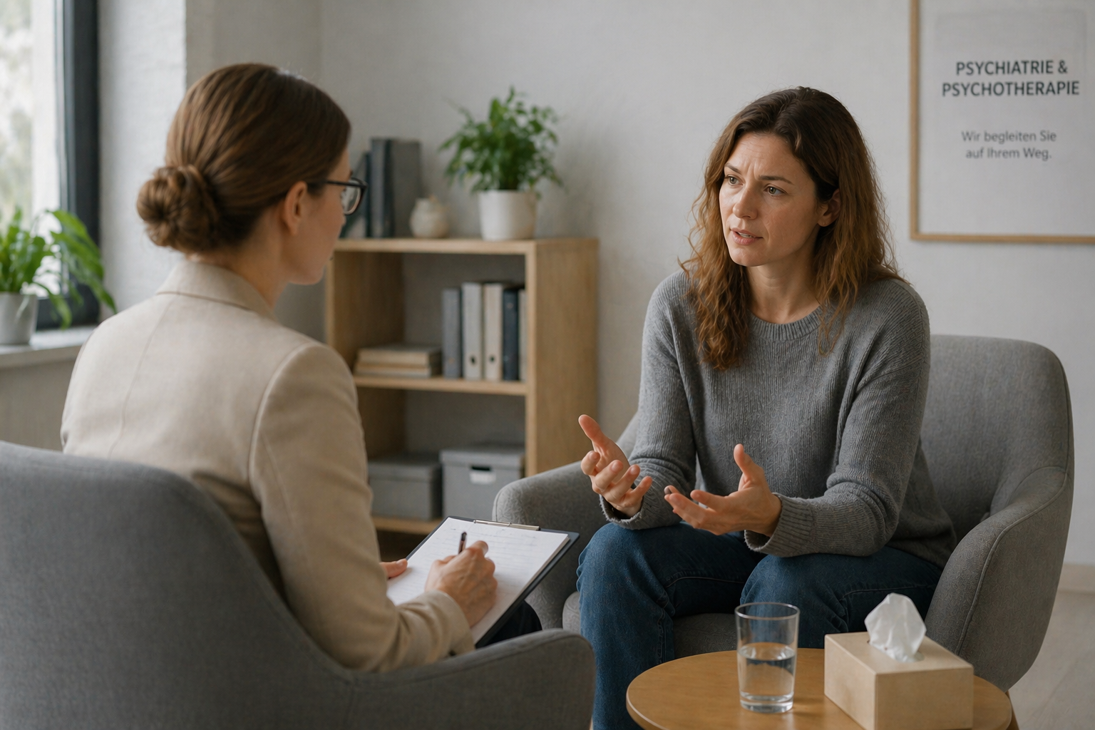 Professional burnout treatment and psychotherapy in Hanover and throughout Germany – conversation between therapist and patient in a modern practice.
