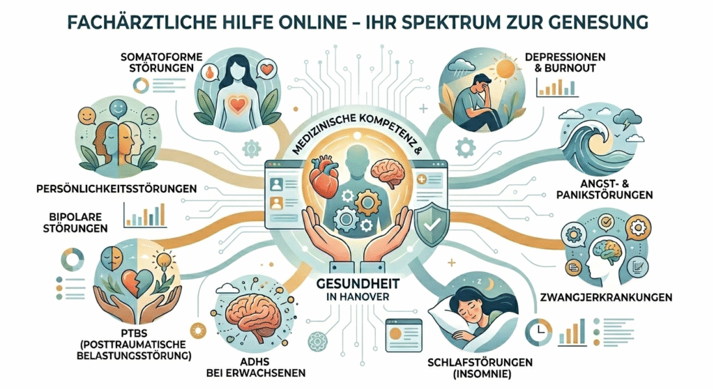 Umfassendes Leistungsspektrum der Online-Praxis für Psychiatrie und Psychotherapie in Hannover – Behandlung von Depressionen, ADHS und Angststörungen.