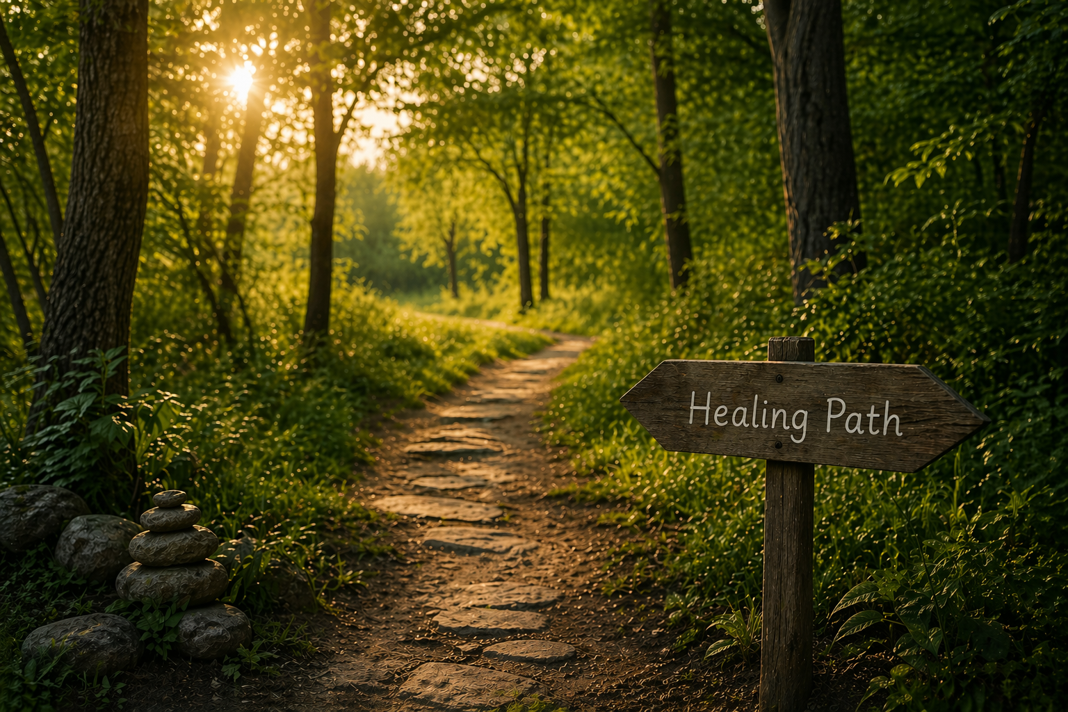 A sunny forest path with a signpost reading “Recovery Path” as a symbol for the treatment of sleep disorders in Hannover.