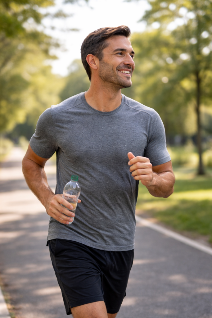 Sportlich gekleideter Mann joggt auf einem Weg im Grünen – Sinnbild für neue Energie und Wohlbefinden nach psychiatrischer Behandlung in Online-Praxis für Psychiatrie und Psychotherapie Ezgi Öztas Sevimli