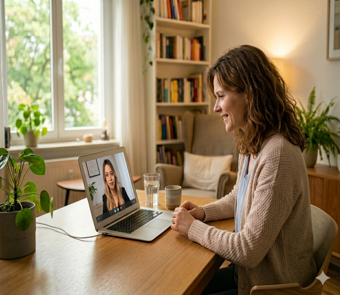 Patientin bei der Online-Psychotherapie-Videosprechstunde mit Facärztin Ezgi Öztas Sevimli